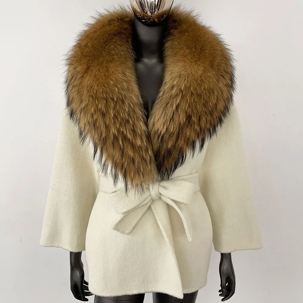 OFT-Manteau en Vraie Fourrure de Raton Laveur et de Renard pour Femme, Veste en Laine Mélangée avec Poche à Ceinture, Streetwear Décontracté, Hiver 2024