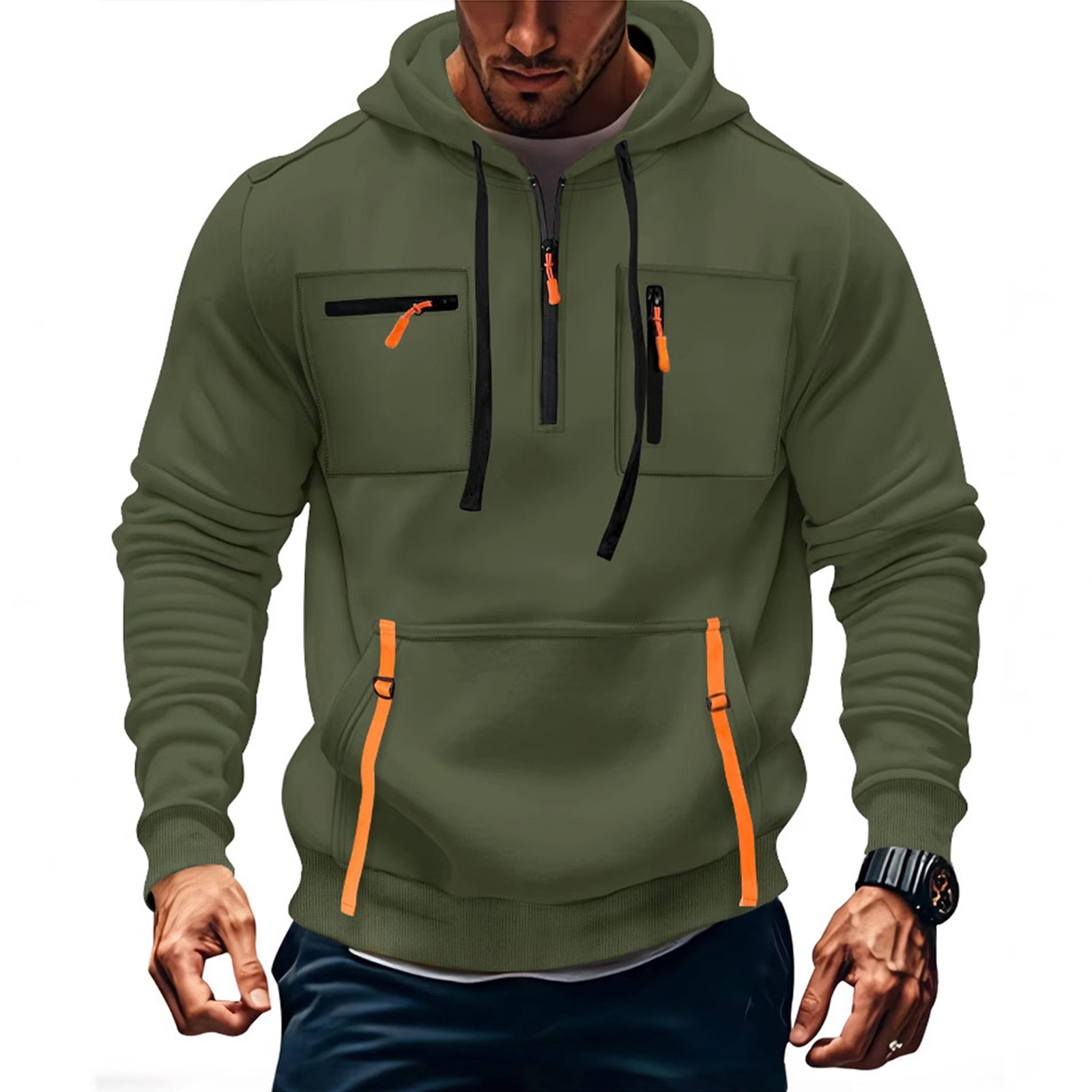 Sweat à capuche décontracté pour homme 2025 – Nouvelle mode avec poches et fermeture éclair – Couleur unie – Coupe ample – Idéal pour la course en extérieur et le streetwear