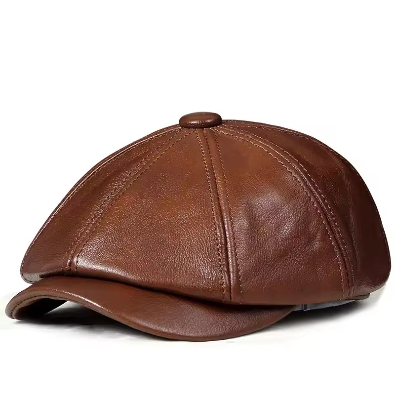 Béret Vintage en cuir véritable unisexe, Casquette octogonale chaude d'hiver pour hommes et femmes, Bonnet pour Homme, noir