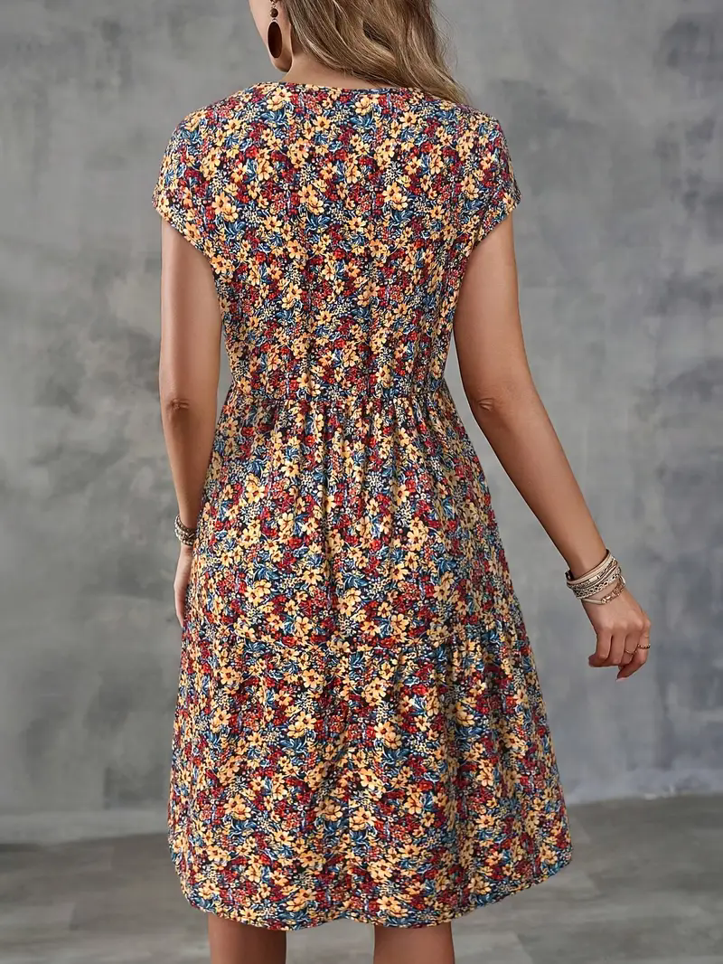 Robe d'été à manches courtes et col rond pour femmes, imprimé floral, style décontracté et ample pour les vacances