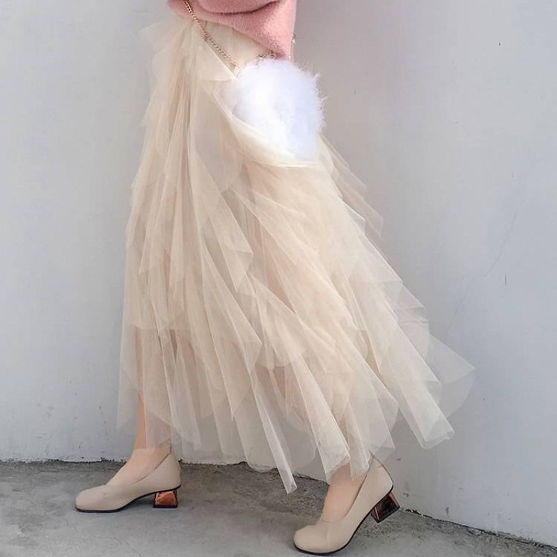 Jupe longue plissée élastique taille haute en tulle et gaze irrégulière pour femme, nouvelle collection printemps-été, coupe trapèze longue