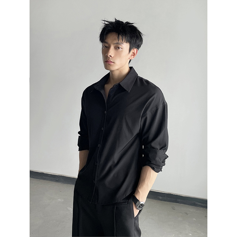 Chemises à manches longues pour hommes de style coréen, noires, décontractées, unies, surdimensionnées, respirantes, amples, vêtements masculins Harajuku