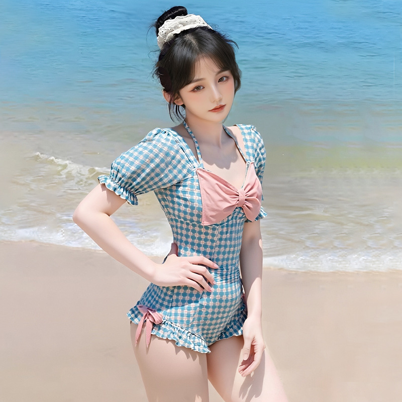Maillots de bain sexy à la mode coréenne, bleus à carreaux avec nœud, une pièce, manches courtes bouffantes, dos noué, style halter, bikinis, tenues de plage mignonnes.