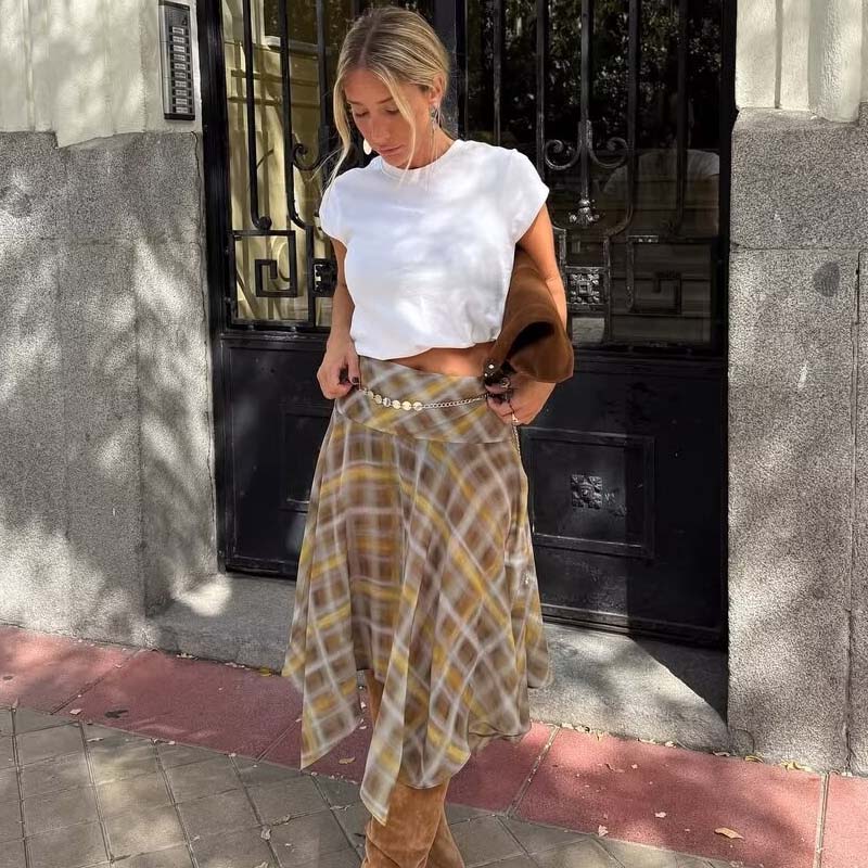 YENKYE Nouvelle jupe midi asymétrique à carreaux taille mi-haute pour femme, coupe trapèze, fine, Faldas Mujer