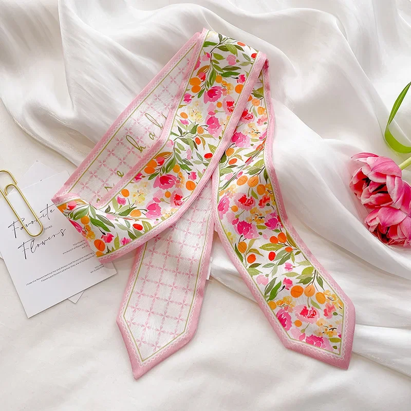 Nouveau Foulard Long en Soie Satinée à Imprimé Floral Original pour Femme – Écharpe de Qualité Supérieure, Rubans pour Cheveux et Accessoires de Sac