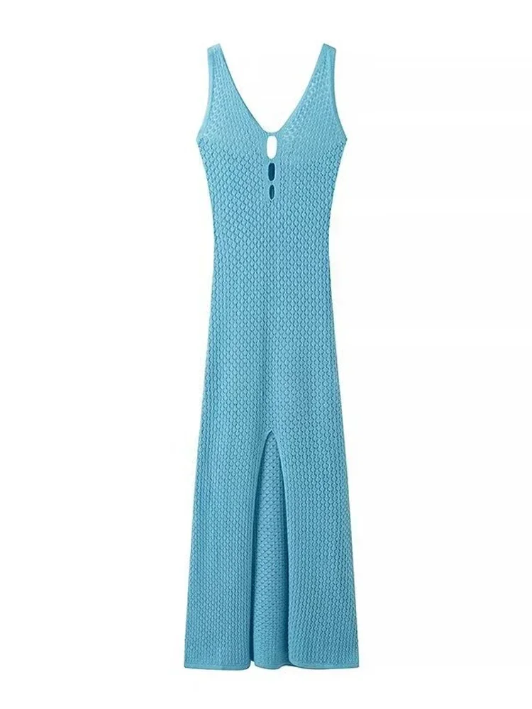 Robe longue sexy moulante en maille pour femme, col en V profond, découpes, dos noué, fente, collection été 2026, idéale pour la plage ou comme cache-maillot de bain A3027