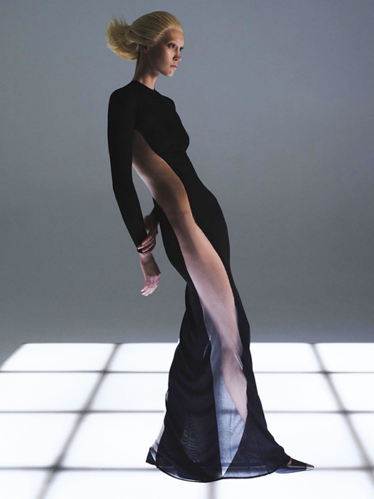 Robe transparente noire pour femme, pull long tambour, vêtements slim, streetwear sexy, patchwork en maille, robe éducative, automne