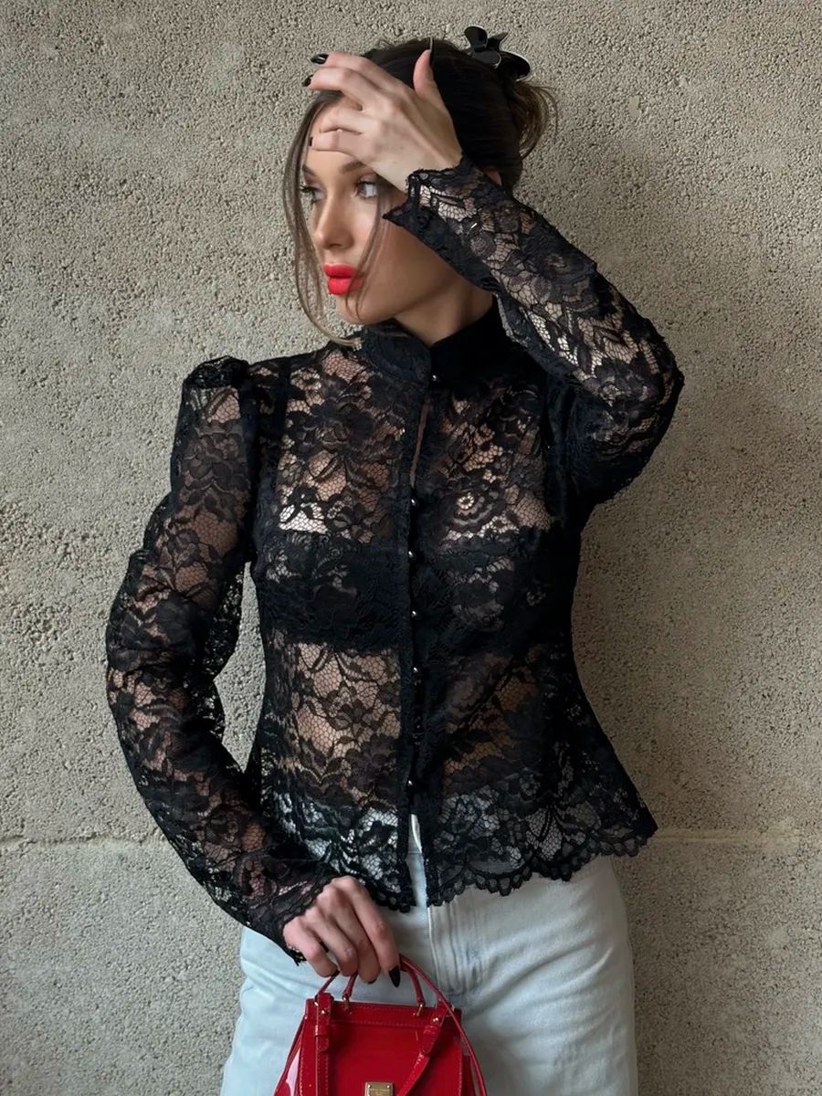 Chemisier en dentelle élégant pour femme, col à volants, hauts ajourés à manches longues, chemisiers de bureau vintage transparents pour femme, printemps 2026