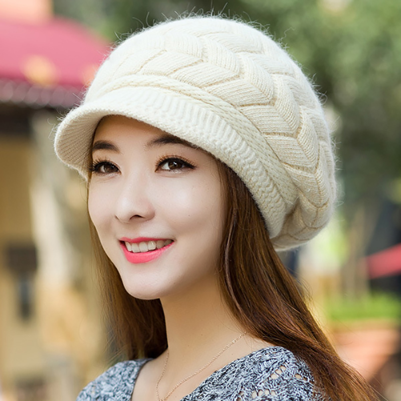 Chapeau tricoté chaud pour femme, Double couche, en velours, visière, décontracté, pour l'hiver