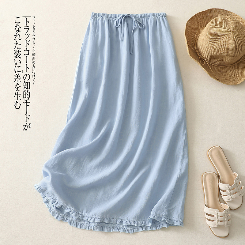 Jupe mi-longue en coton pour femme, nouvelle version coréenne, élégante et tendance, avec bordure à volants et cordon de serrage à la taille