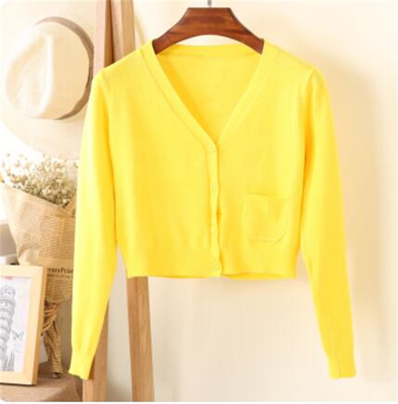 Cardigan court col en V pour femmes, manches longues, en coton, pulls, manteau fin, tricots de printemps