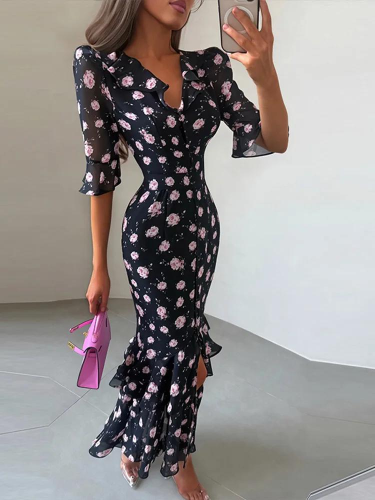 Robe longue en mousseline imprimée florale pour femme, col en V, manches mi-longues, ourlet à volants, collection été 2026, sexy, ajustée et chic