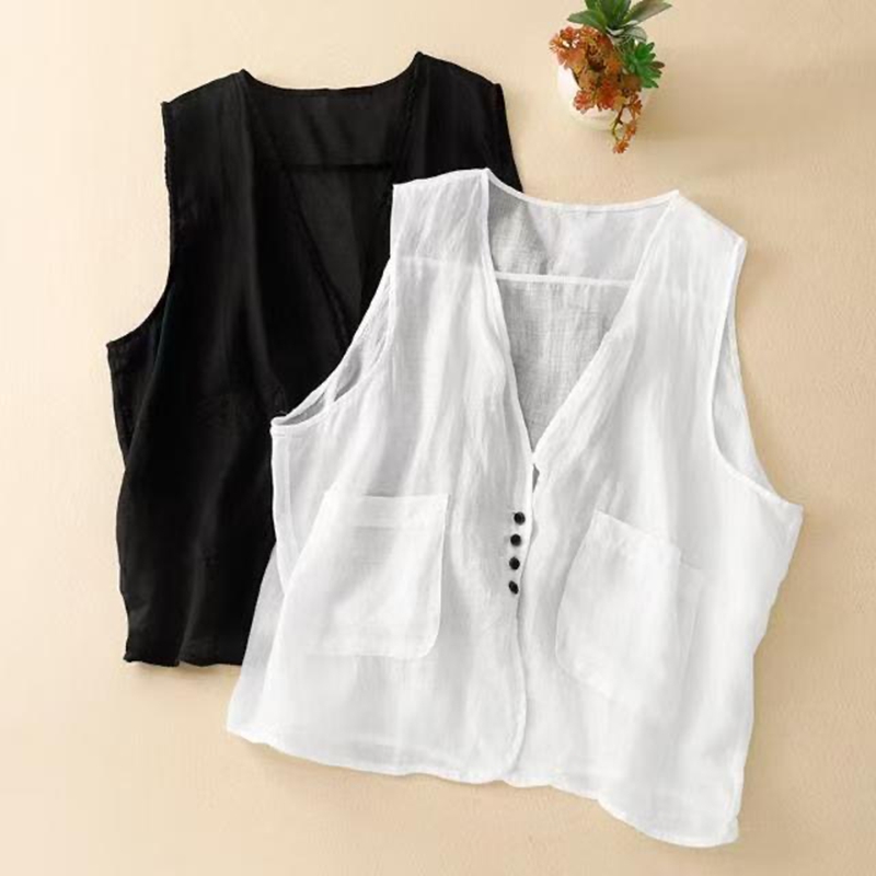 Gilet d'été en coton et lin pour femmes, veste basique sans manches, couleur unie, noir et blanc, manteau élégant, col en v, couverture, haut
