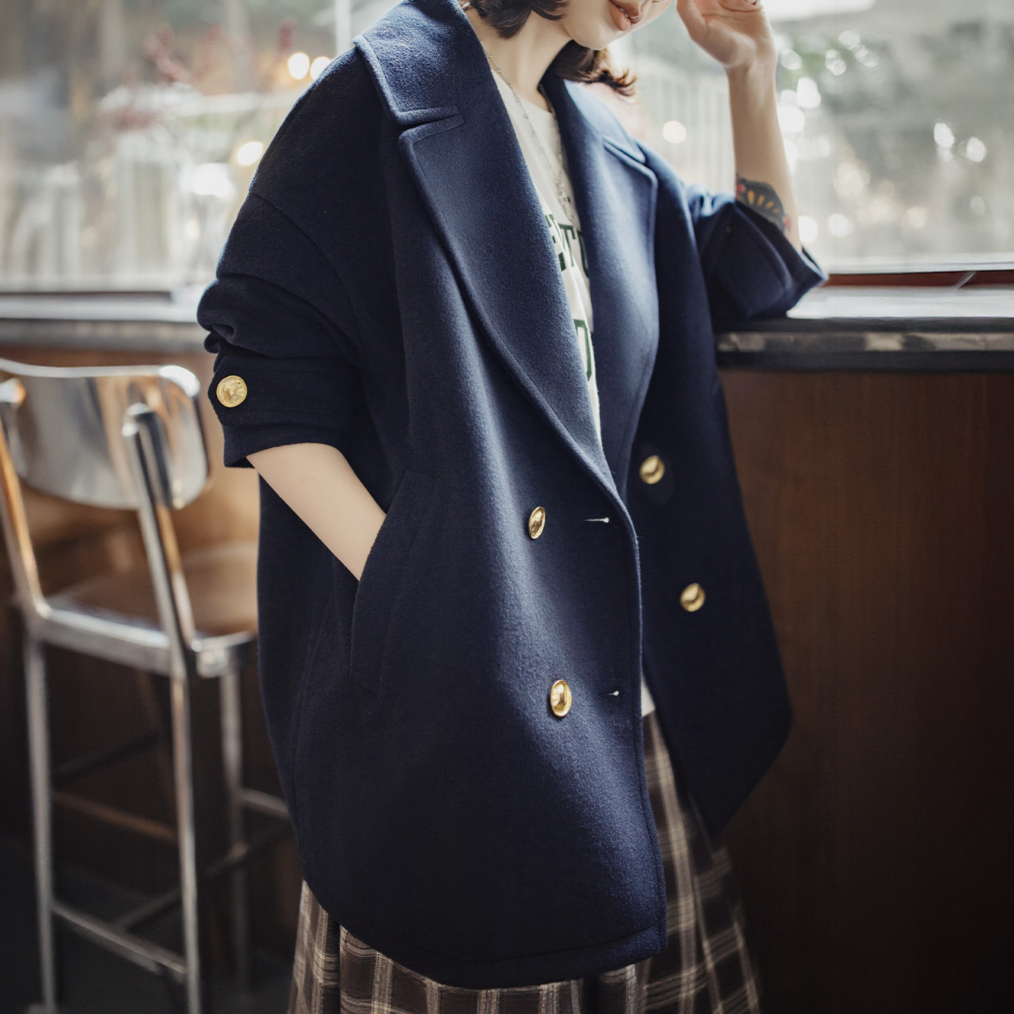 Manteau pour femme Maden, mi-long, épais, à double boutonnage, col à revers, chaud, bleu marine, style preppy, vêtement d'extérieur décontracté
