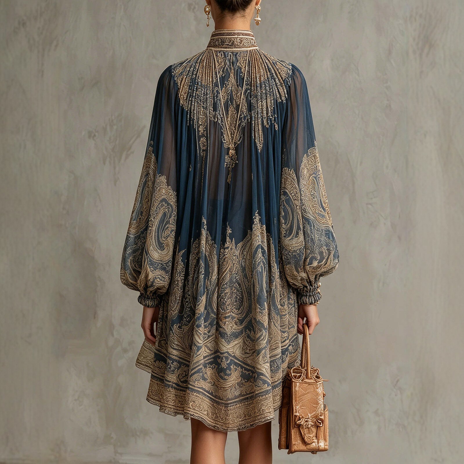 Robe longue en mousseline imprimée à col roulé, style décontracté, avec châle, manches longues, pour femme, collection 2026, tendance européenne et américaine