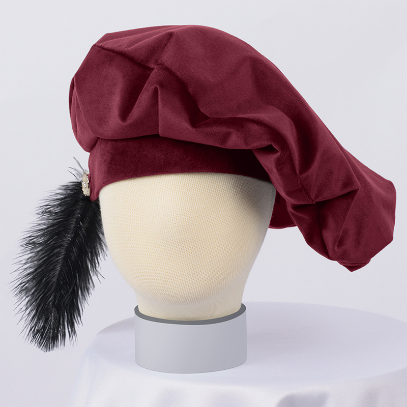 Béret médiéval avec plume, chapeau Tudor, casquette de minstre, casquette de la Renaissance Elizabethaine, bonnet royal victorien, costume de cosplay