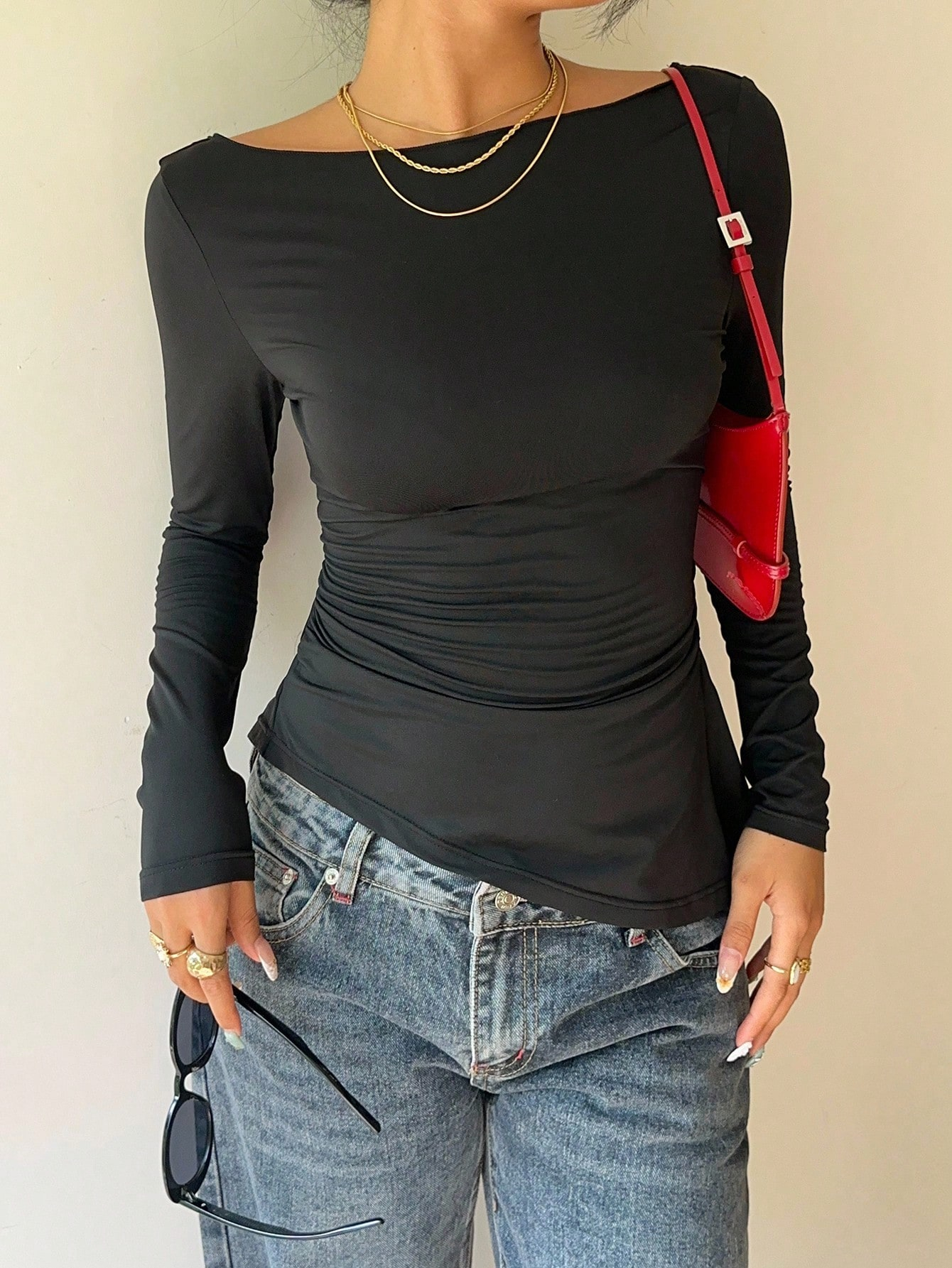 Femmes élégant dentelle Patchwork arc décorer à manches longues T-Shirt décontracté asymétrie ourlet coupe ajustée col bateau plissé hauts 2026