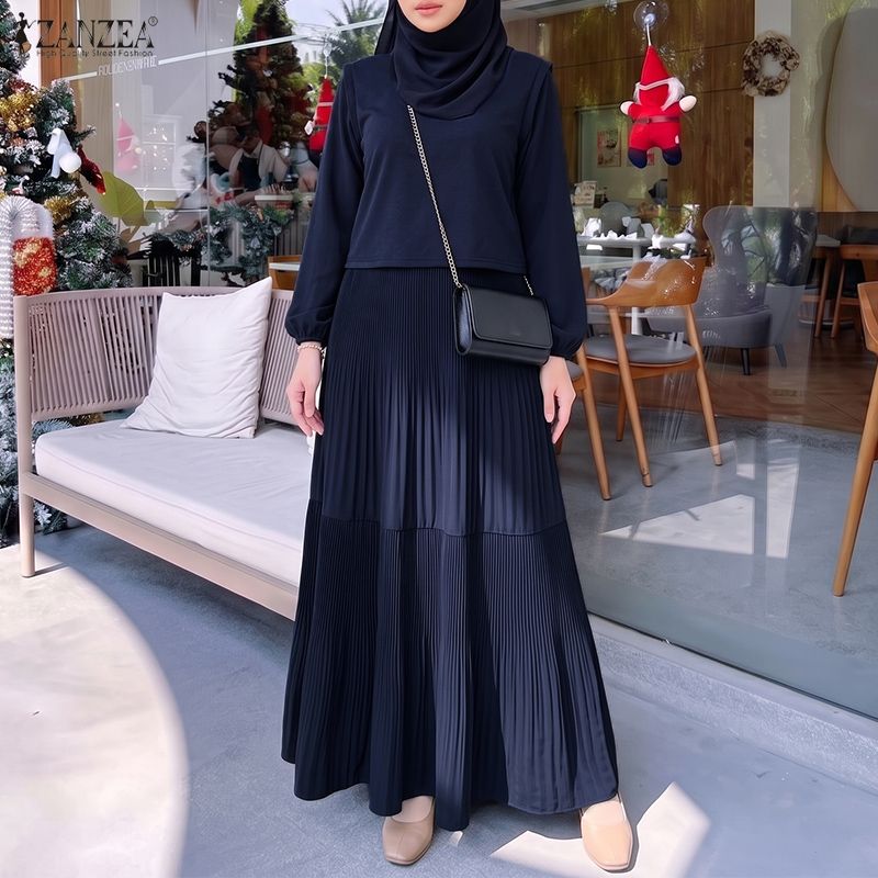Robe longue ZANZEA pour femmes musulmanes, mode modeste, hijab, col rond, manches lanternes, plissée, abaya, robes islamiques élégantes, Ramadan, Eid, kaftan