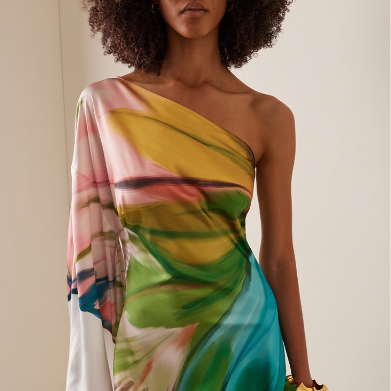 Femmes Robe élégante en Satin 2025 épaule Oblique Papillon imprimé Robe Maxi Robe d'été décontracté Vintage imprimé Robe longue ample