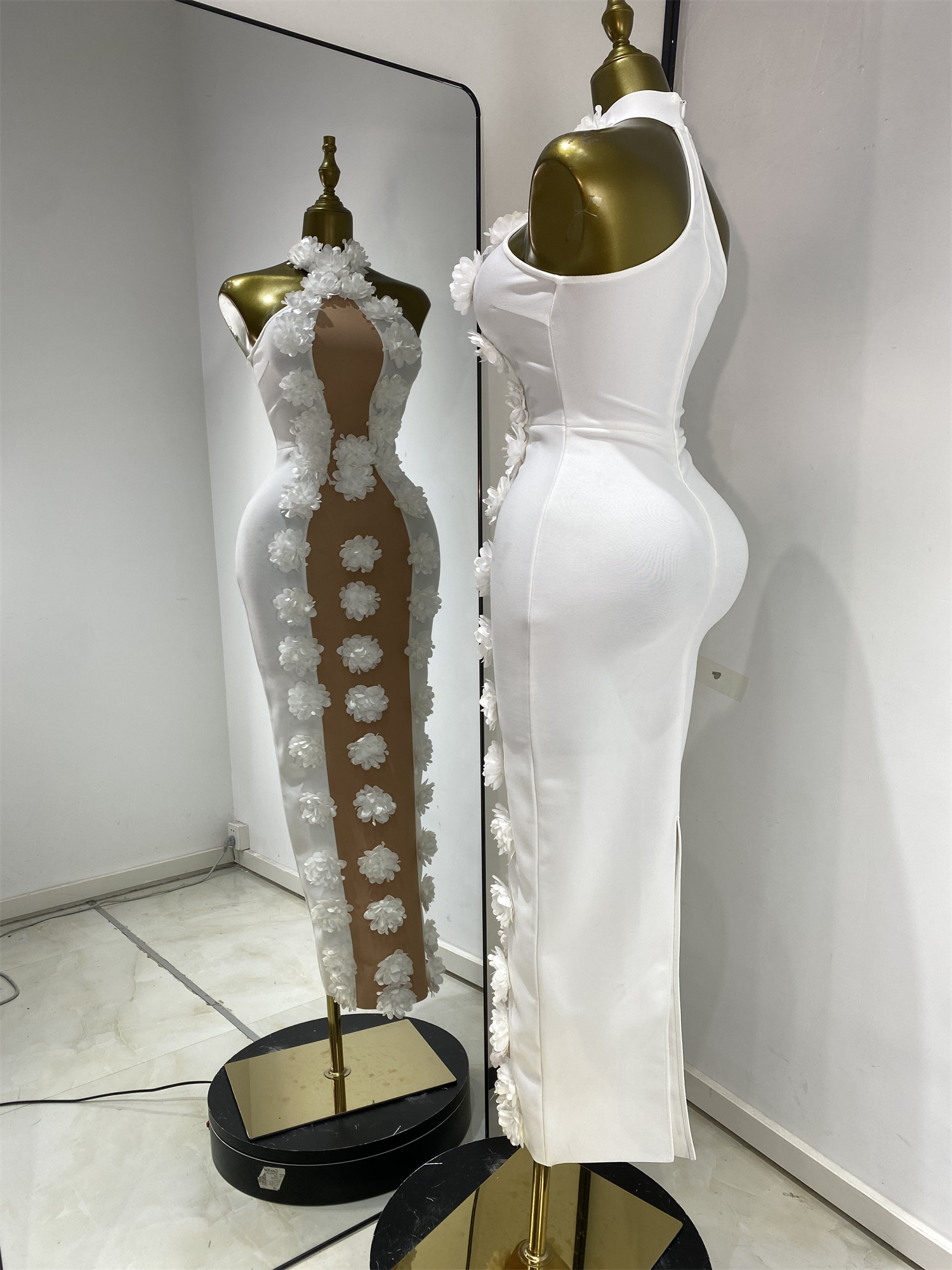 Robes bandage blanches pour femmes, élégantes, beige, patchwork, fleurs, sans manches, moulantes, longues, pour soirée, cocktail, rendez-vous