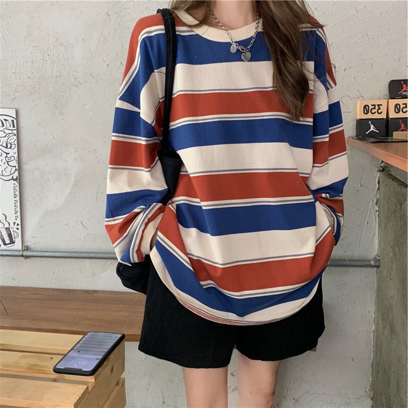 T-shirt décontracté à manches longues pour femmes, pull à col rond, impression à rayures, mode automne, vêtements pour femmes