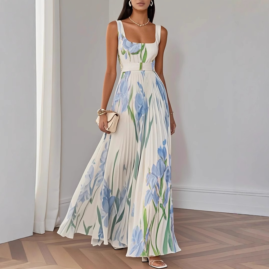 Robes pour femmes sexy à col carré, plissées, imprimées de fleurs, taille haute, longues, nouvelles robes d'été sans manches