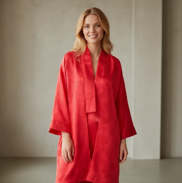 Cardigan long en satin pour femme, style vintage streetwear, imprimé floral rouge, manches chauve-souris, coupe ample et décontractée, collection été 2026