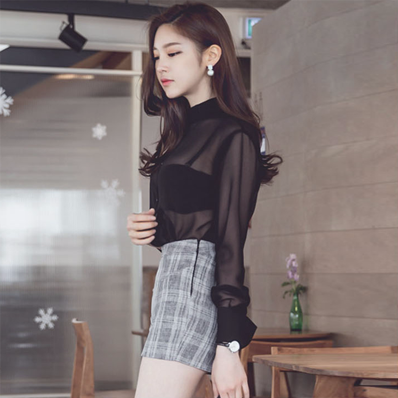 Chemisier transparent sexy pour femme, nouvelle collection printemps-été 2026, chemise fine en mousseline noire à simple boutonnage pour femme, manches longues, Blusas