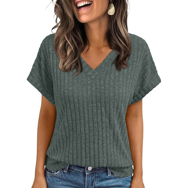 Vêtements pour femmes Europe amérique tout-match tricot T-shirt été 2025 nouveau décontracté col en v à manches courtes pull dame solide hauts