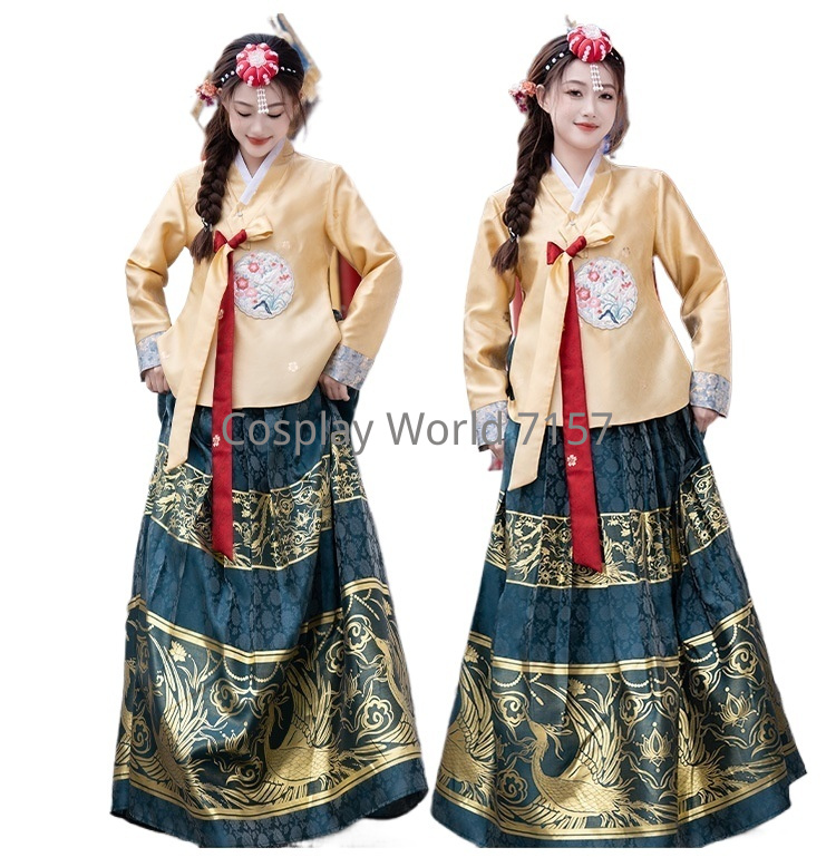 Costume de princesse de palais pour femmes, élégant, traditionnel coréen, Hanbok, haut brodé de fleurs violet clair, jupe en jacquard rose doré