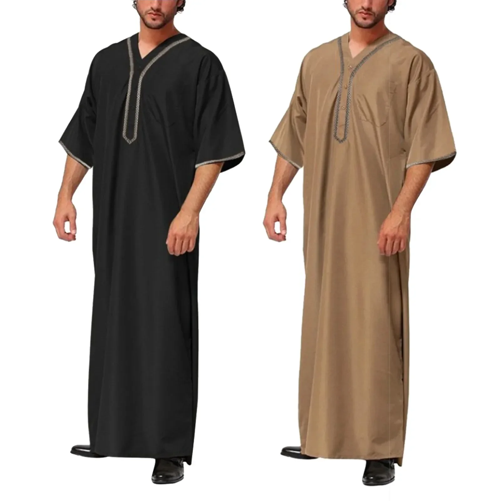 Hommes musulmans Jubba Thobe couleur unie bouton Kimono Robe moyenne Saoudien Musulman chemise col montant islamique arabe caftan hommes Abaya
