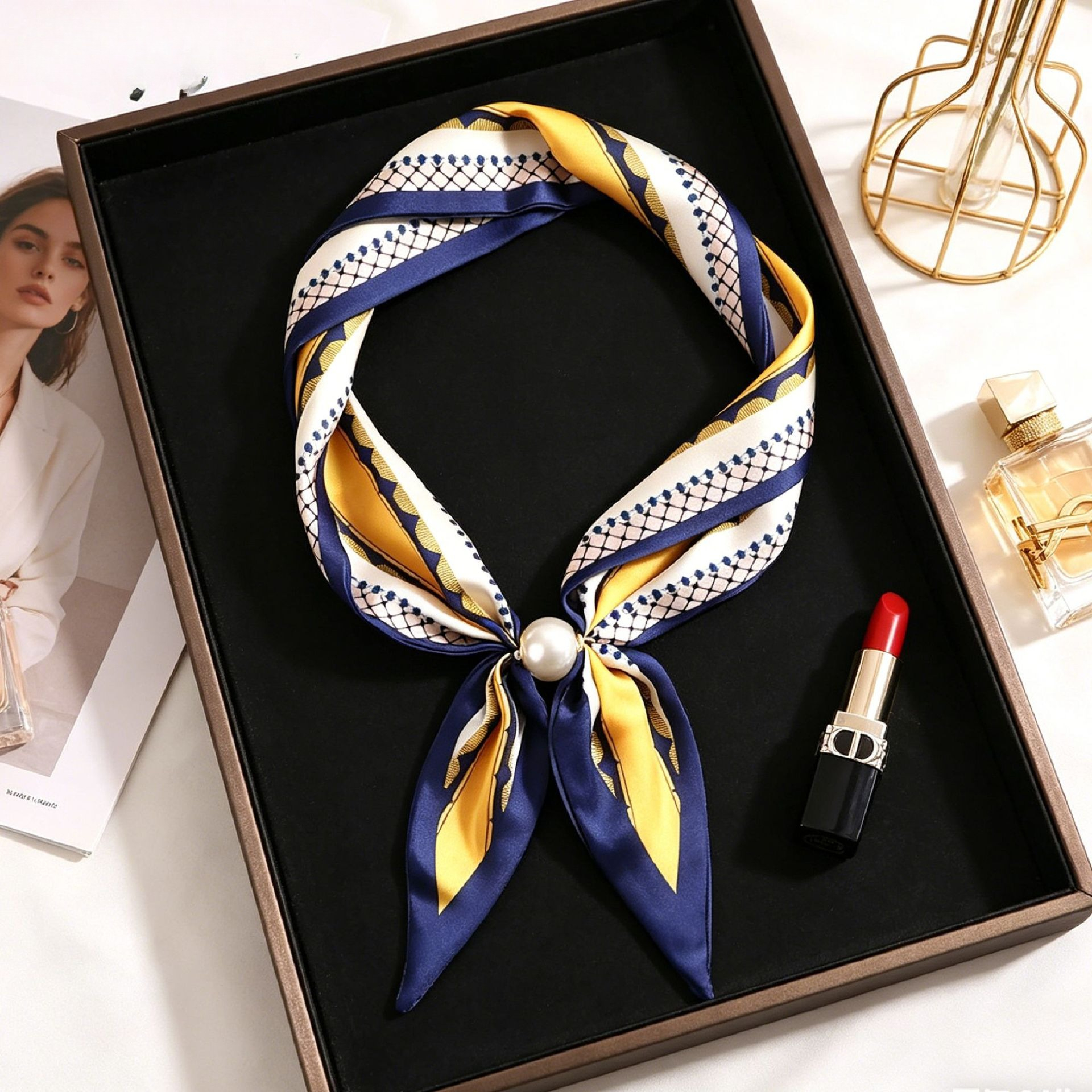 Écharpe de luxe en soie pour femme, motif cachemire rétro, avec collier de perles et fermoir magnétique, foulard de mode à pois pour la clavicule, style décontracté