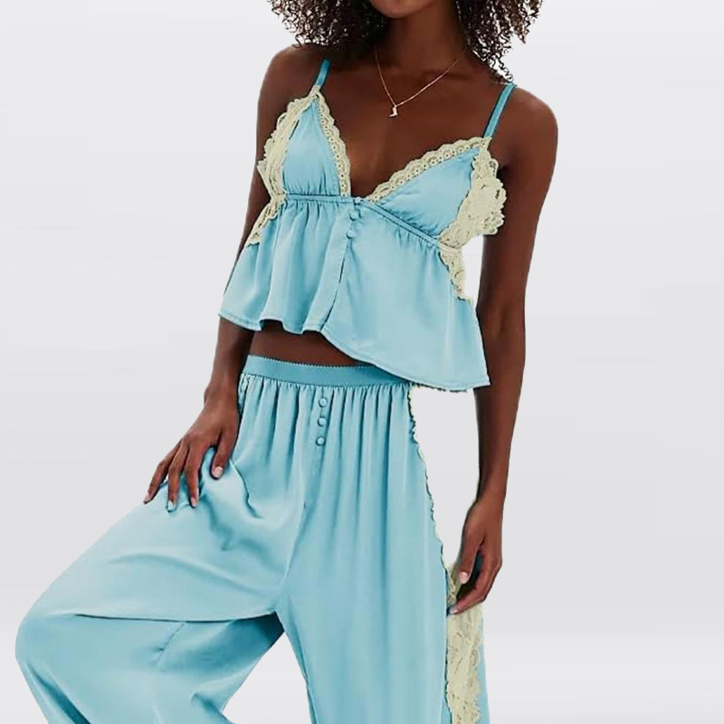 Ensemble décontracté d'été 2026 pour femme : Haut sans manches col en V et pantalon, couleur unie simple avec patchwork de dentelle, deux pièces