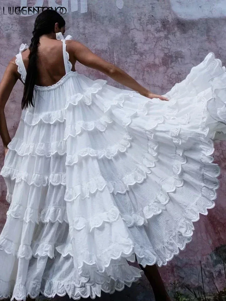 Robe longue femmes bohème gâteau couche grande balançoire solide sans manches volants Spaghetti sangle bretelles femmes robes Lugentolo