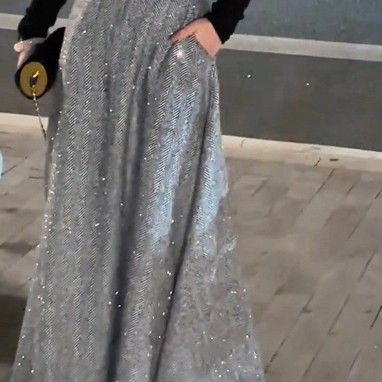 Jupe Style coréen femmes gris taille haute paillettes jupes en laine Faldas Largas Юбка concepteur de luxe tendance Jupe longue