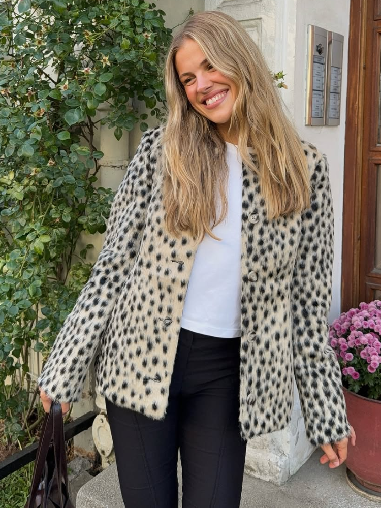 Manteau Femme en Fausse Fourrure Imprimé Léopard, Coupe Slim, Col Revers, Boutonnage Simple, Manches Longues, Veste Chaude pour Femme Automne Hiver 2026
