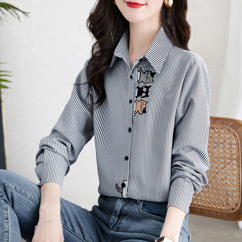 Chemise à manches longues rayée pour femme, cardigan en coton, bouton décontracté, rue haute, élégant, brodé, printemps, automne, mode, nouveau