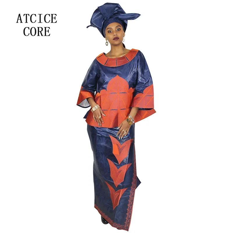 Robe Africaine Longue en Tissu Bazin Riche avec Broderie pour Femme, Tenue avec Cravate pour Sauna