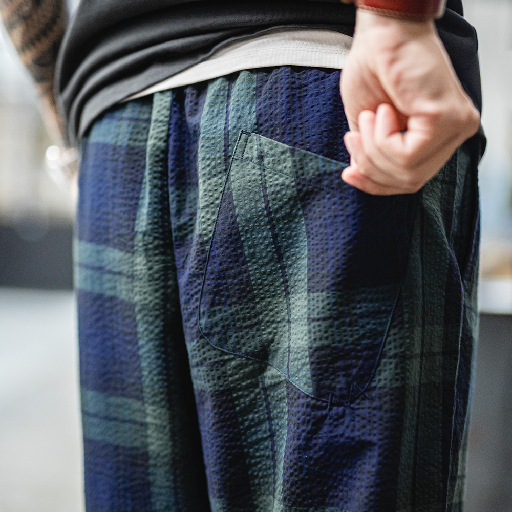 Maden Pantalon tartan vintage pour homme Pantalon léger en seersucker avec taille élastique Pantalon décontracté classique pour l'été et l'automne