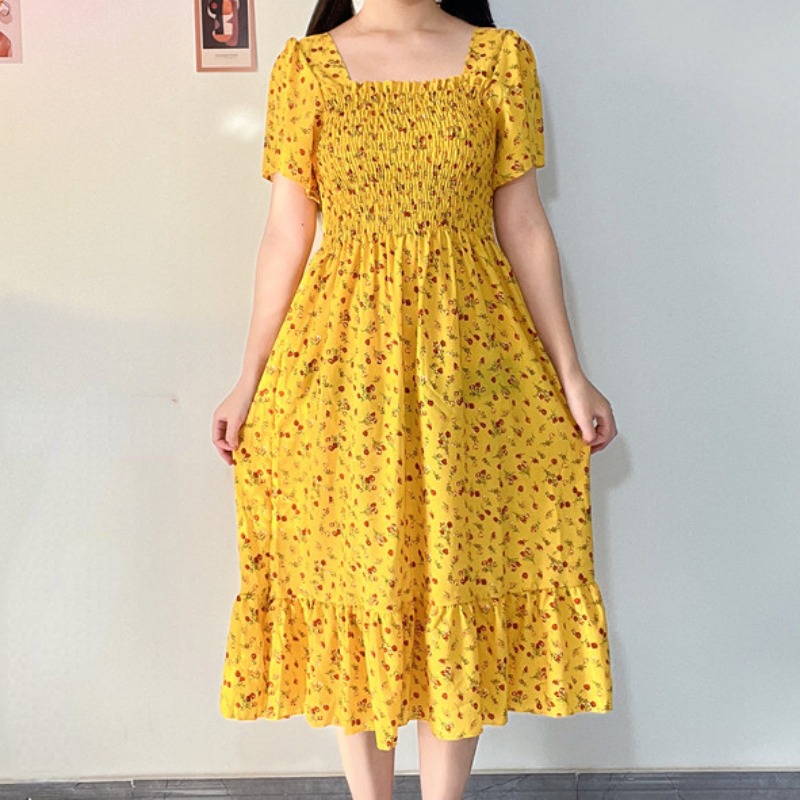 Printemps été robe en mousseline de soie femmes robes décontractées femme taille élastique à manches courtes imprimé fleuri Midi robes trapèze robes