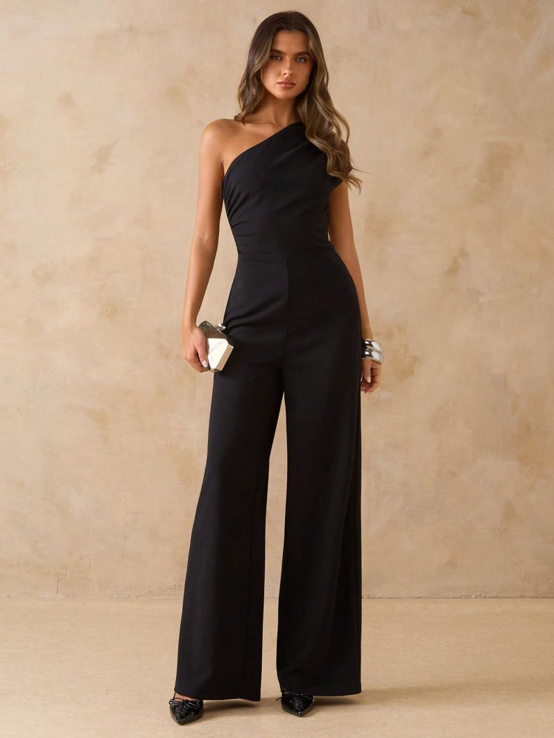 Combinaison élégante ajustée à épaule asymétrique, manche unique, taille cintrée, jambe large, vêtement décontracté et tendance pour femme