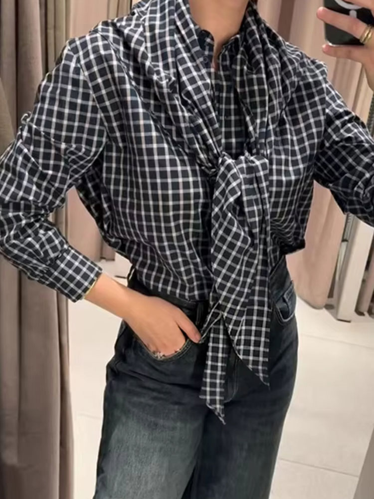 Chemisier Élégant Décontracté à Carreaux pour Femme HH Spring, Col Rabattu, Manches Longues, Boutons, avec Foulard, Haut Chic pour Bureau