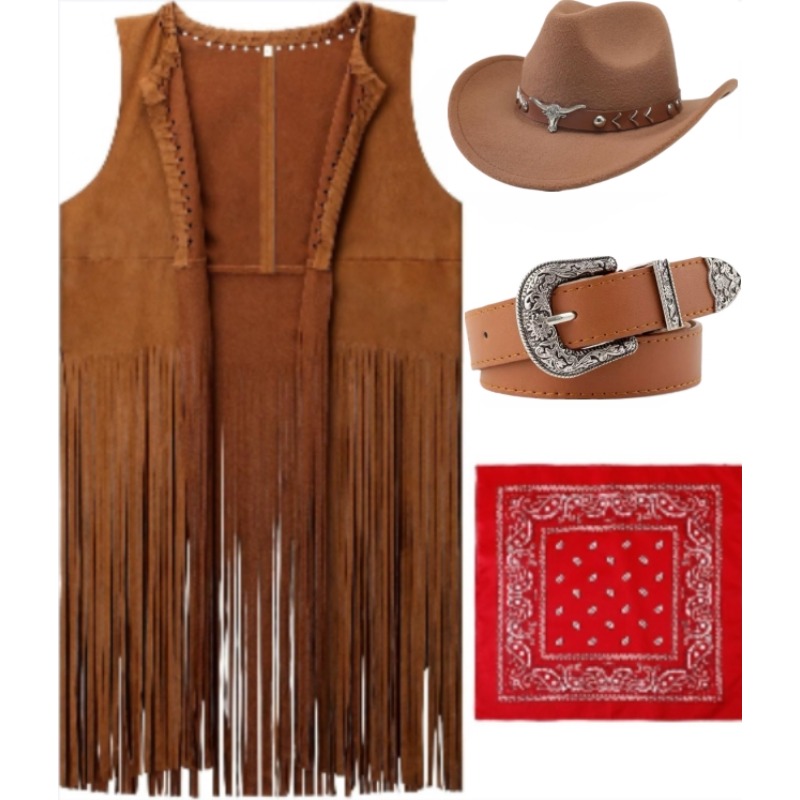 Tenue Western d'Halloween pour Femme : Accessoires de Costume de Cowgirl, Chapeau de Cowboy, Gilet à Franges, Ceinture de Cowboy et Bandana – Style Hippie Années 70
