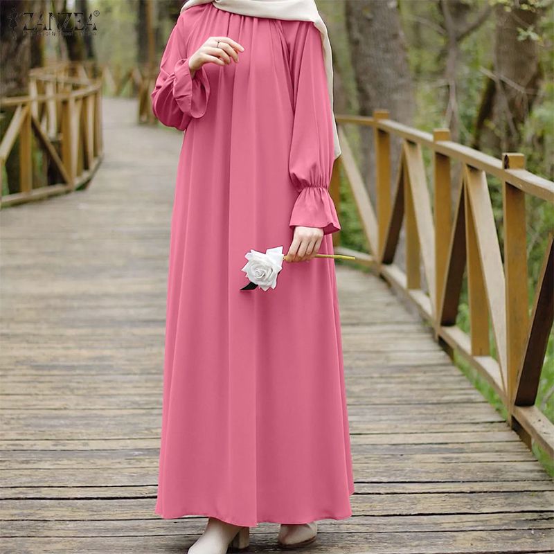 ZANZEA Robe longue modeste musulmane grande taille 5XL pour femme, décontractée, à col rond, manches longues, ample, Abaya, Kaftan islamique pour Hijabis