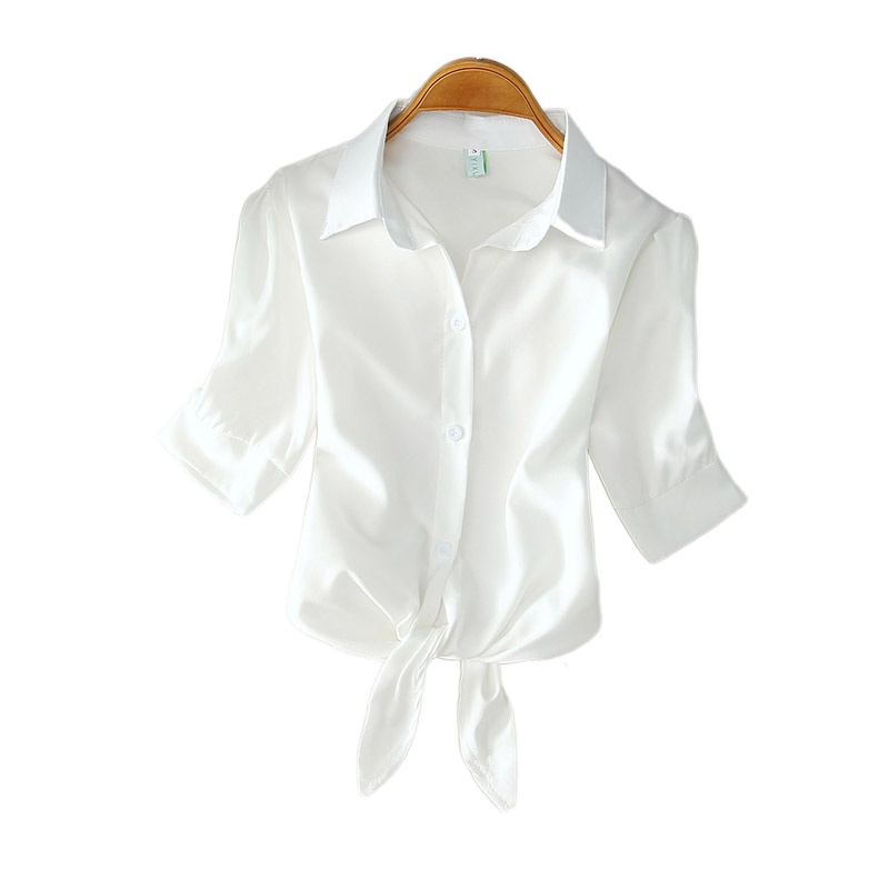 Chemisier blanc décontracté, vêtements d'été pour femmes, élégant, bouton solide, chemise à manches courtes, mode, ceinture à nœud, taille, bureau, hauts pour dames, 19870