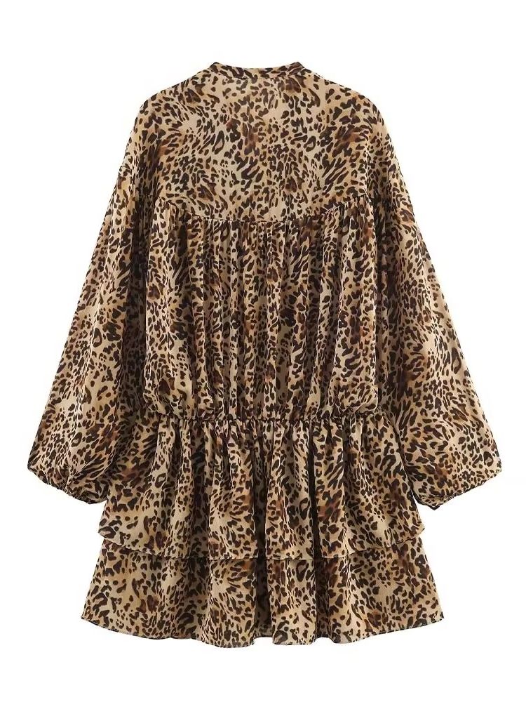 HH femmes mode col en V léopard imprimé Animal couches robe décorative femme Sexy à manches longues à lacets fête Mini robe Mujer