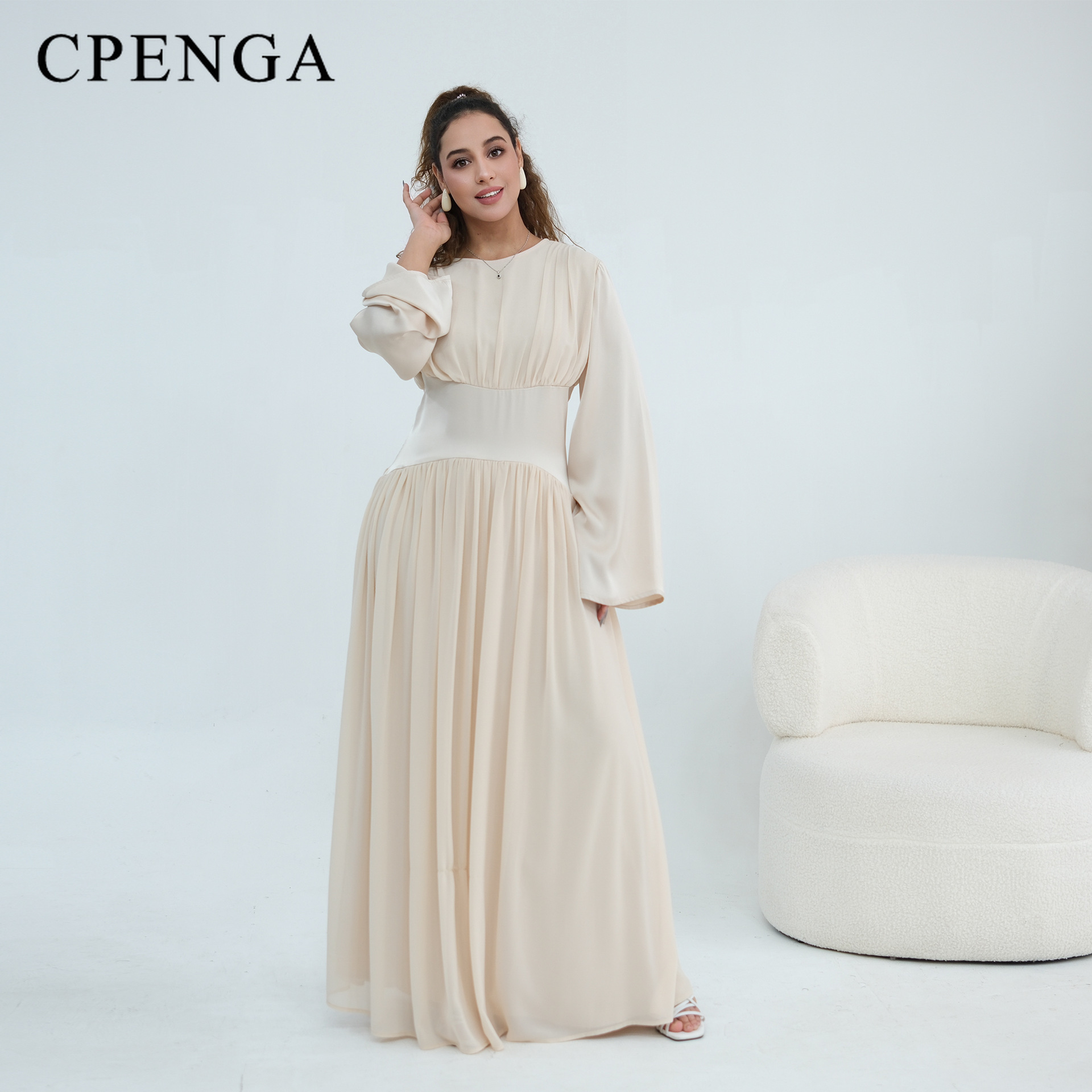 Abaya Kaftan de Luxe de Dubaï pour Femme, Robe de Soirée et de Mariage Modeste à 2 Couches en Mousseline Plissée à Manches Longues avec Corset et Taille Lacée