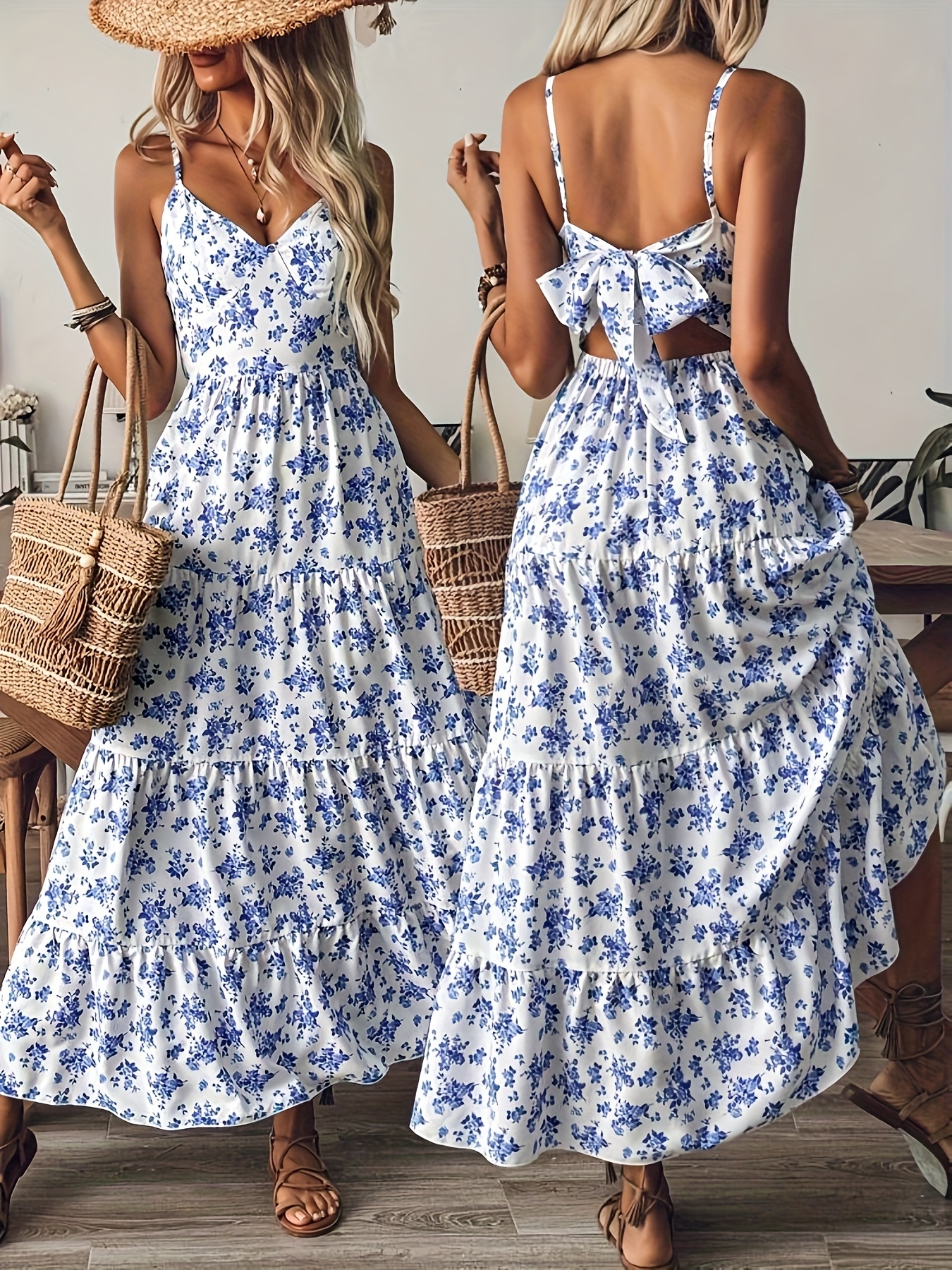 Robe longue d'été pour femme, bleue à motifs floraux, à fines bretelles, avec nœud à nouer au dos, à volants étagés, style bohème, pour la plage et les vacances décontractées