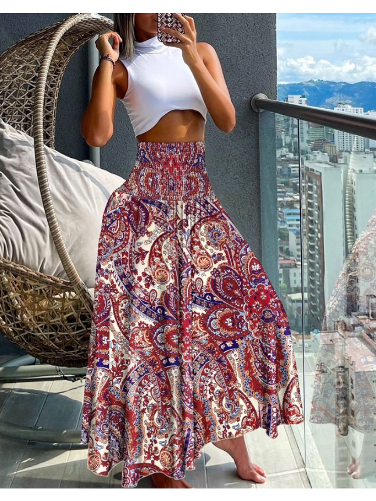 Jupe taille haute élastique bohème pour femmes, imprimé floral, plis, mode, dames, longueur au genou, longues jupes pour femmes