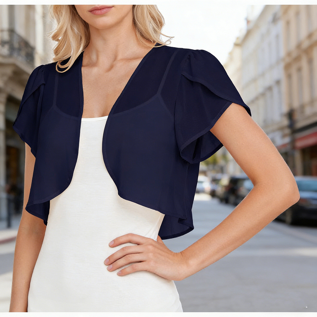 Boléro en mousseline rose pour femme, cardigan élégant à manches courtes et ouvert sur le devant pour l'été, léger et décontracté